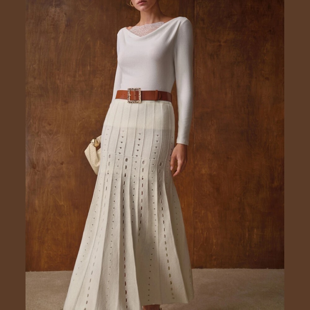 Cream Pointelle Knit Flared A-Line Maxi Skirt with Eyelet Stripes - Picture 4 of 8